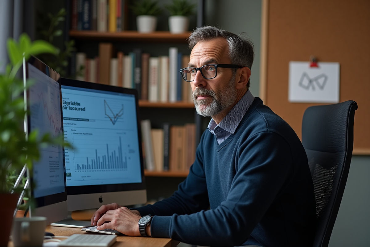 Homme seul analysant des diagrammes blockchain dans son bureau