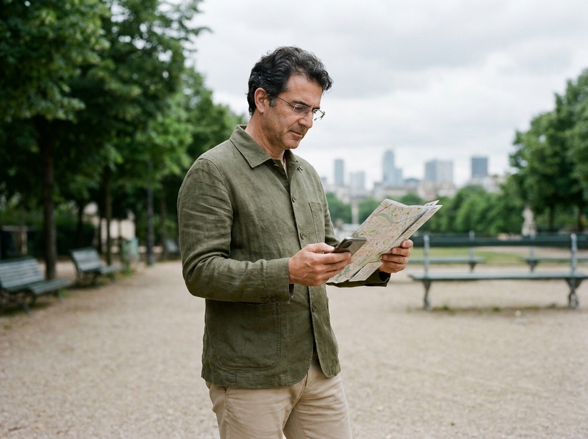 Homme d'âge mûr portant des lunettes progressives sans monture consultant une carte en plein air dans un parc urbain