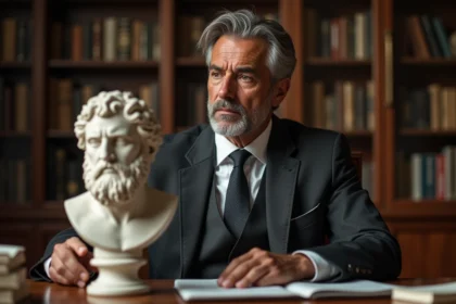 Homme méditerranéen en costume contemplant un buste de Proeus