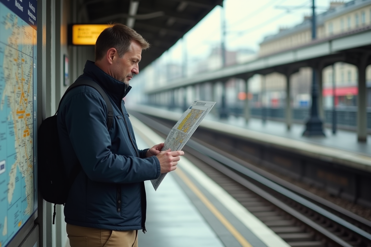 Homme vérifiant plan metro sur plateforme parisienne