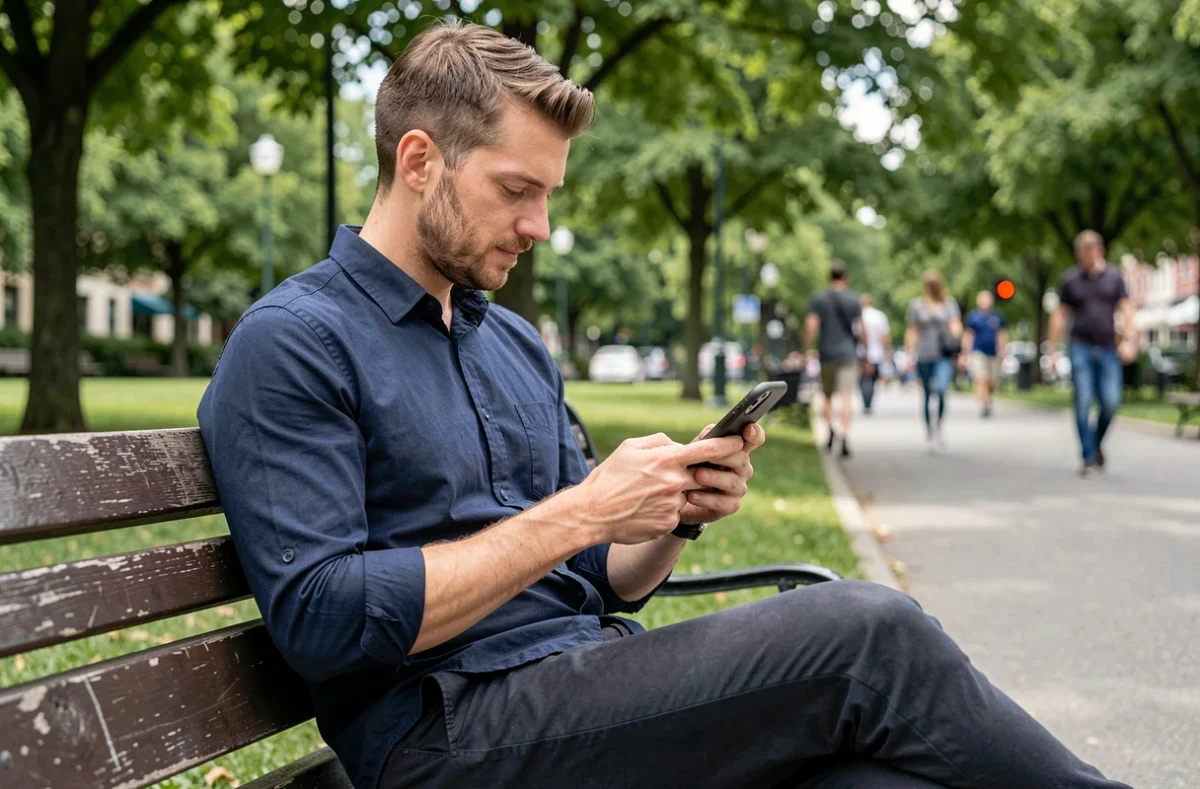 Homme parcourant des profils de rencontres sur son téléphone dans un parc en ville