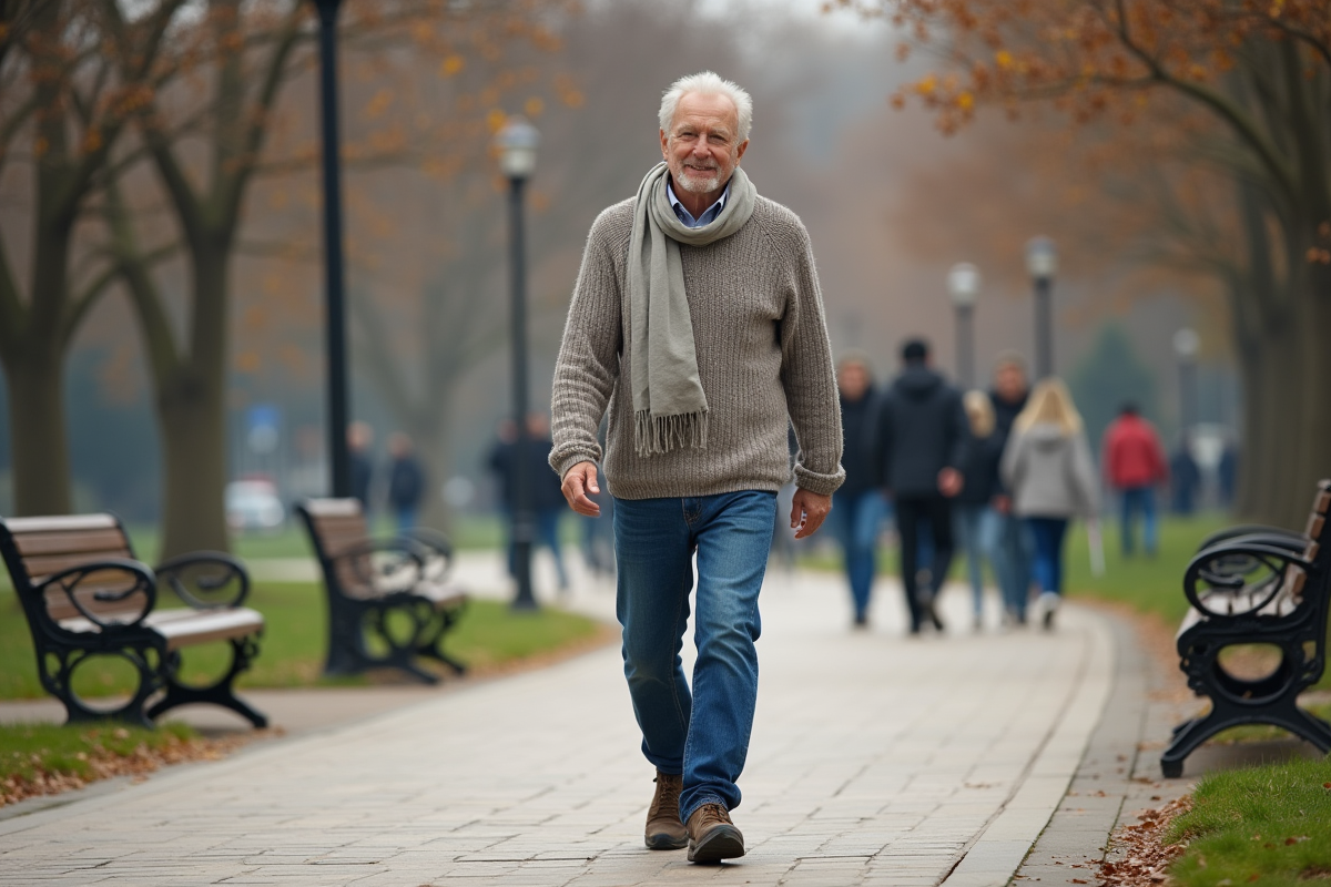 Homme âgé marche dans un parc urbain en matinée