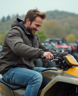 Homme inspectant un quad en campagne avec nature