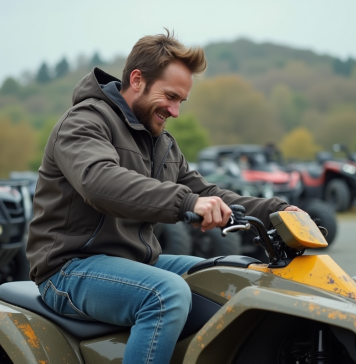 Homme inspectant un quad en campagne avec nature