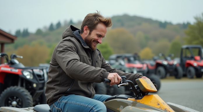 Homme inspectant un quad en campagne avec nature