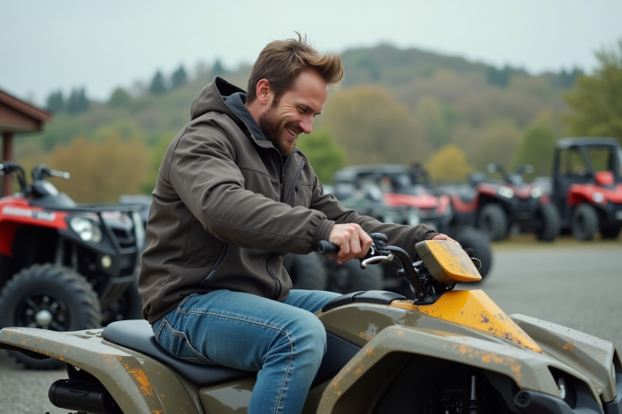 Homme inspectant un quad en campagne avec nature