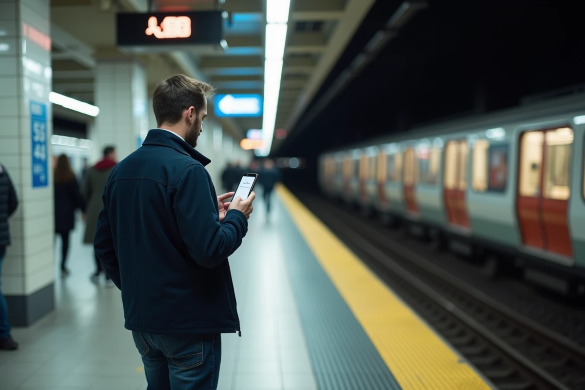 Homme marchant sur le quai d'une station de métro lyonnaise en soirée avec son téléphone