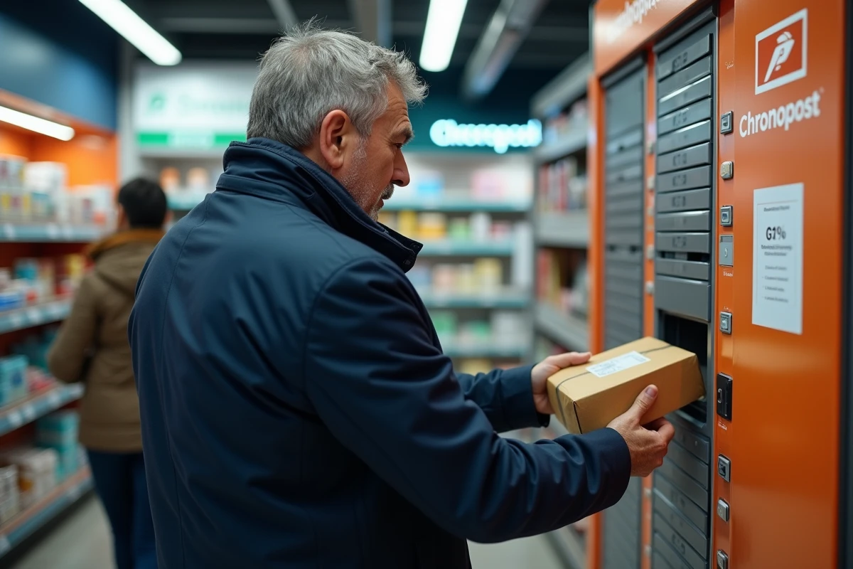 Homme récupérant un colis dans un automate en magasin