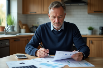 Homme d'âge moyen examine ses factures d'électricité à la maison