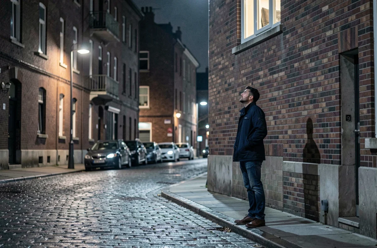 Homme seul dans une rue urbaine la nuit regardant une fenêtre éclairée, symbolisant l'obsession amoureuse et l'attachement non réciproque