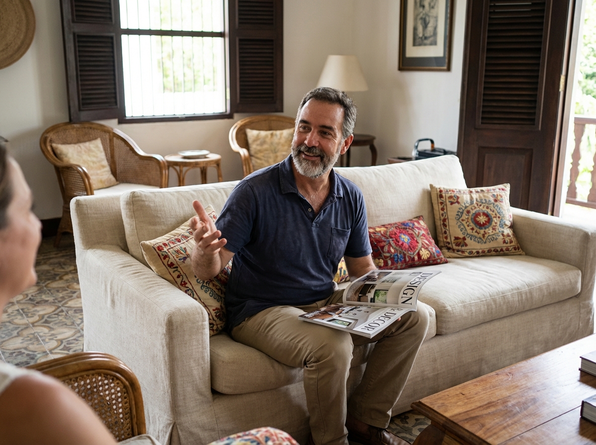 Homme en polo marine étudie un magazine dans un salon créole chaleureux