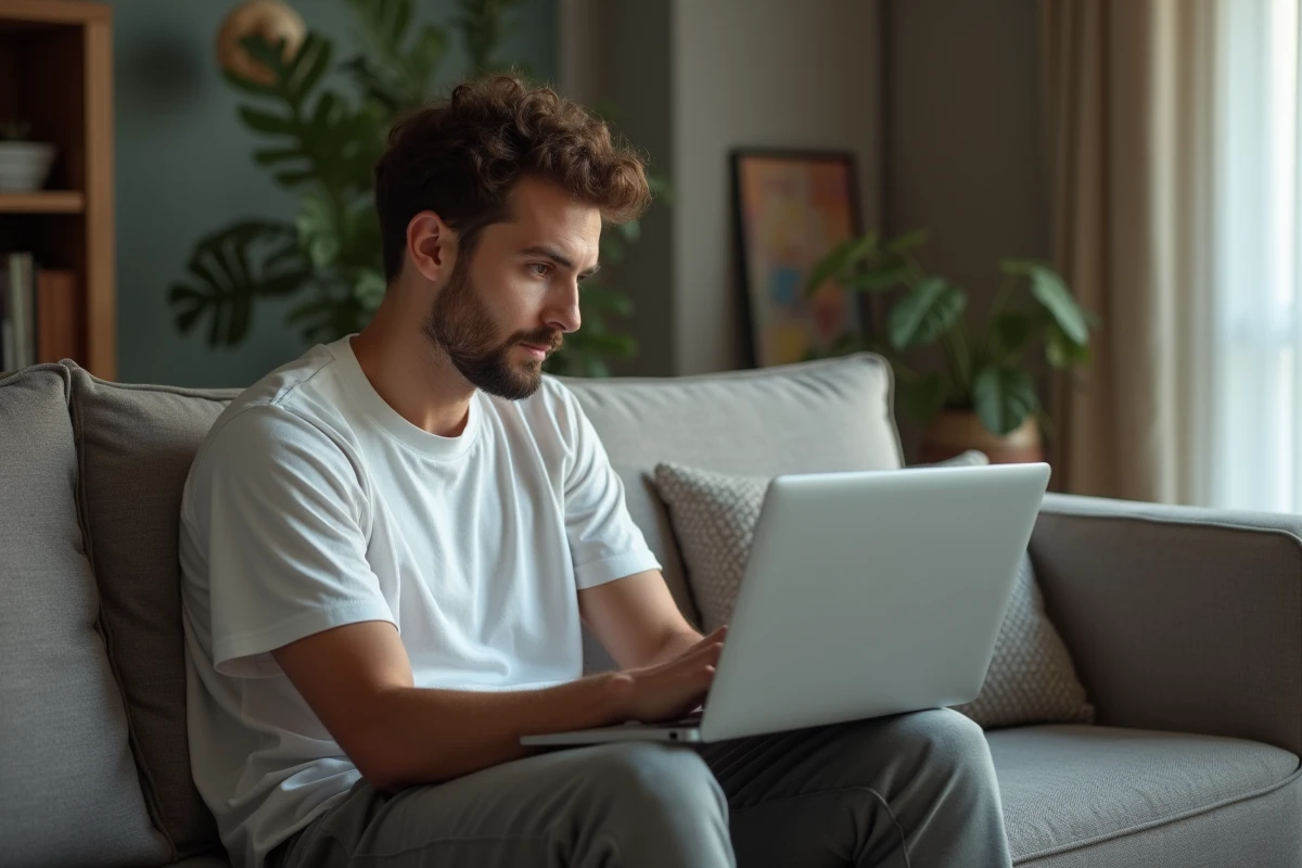 Jeune homme fermant son laptop dans un salon cosy