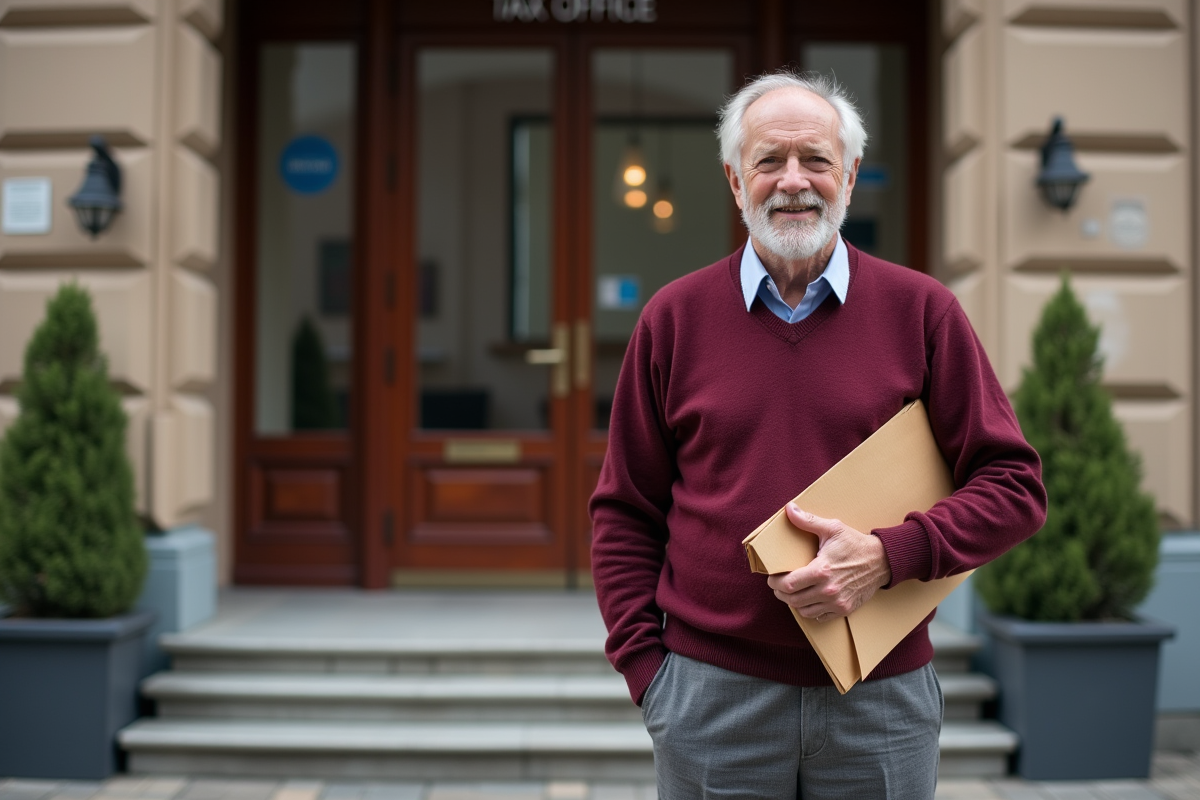 Homme senior debout devant un bureau de taxes avec une enveloppe