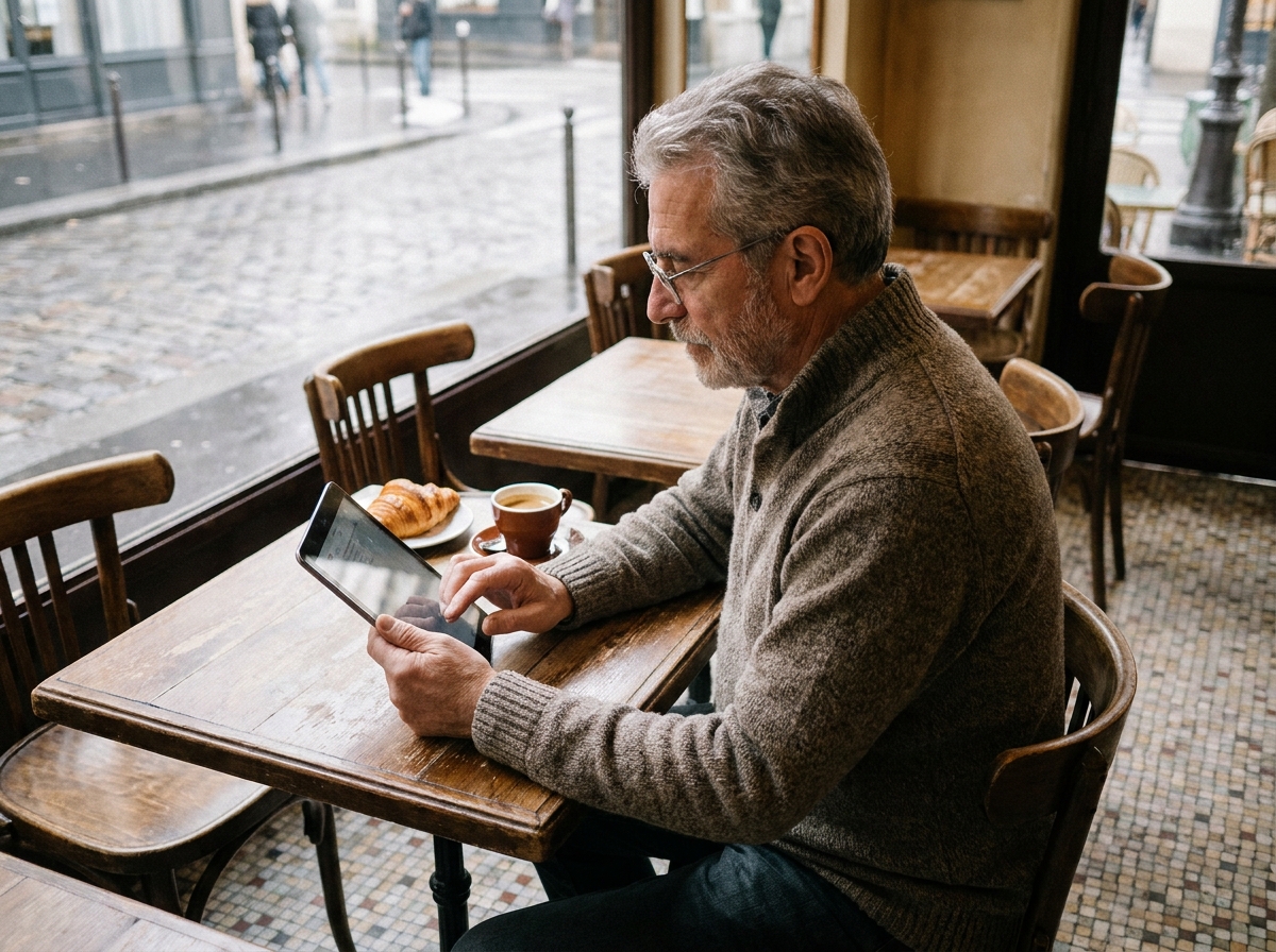 Homme senior avec lunettes progressives consultant une tablette dans un café parisien