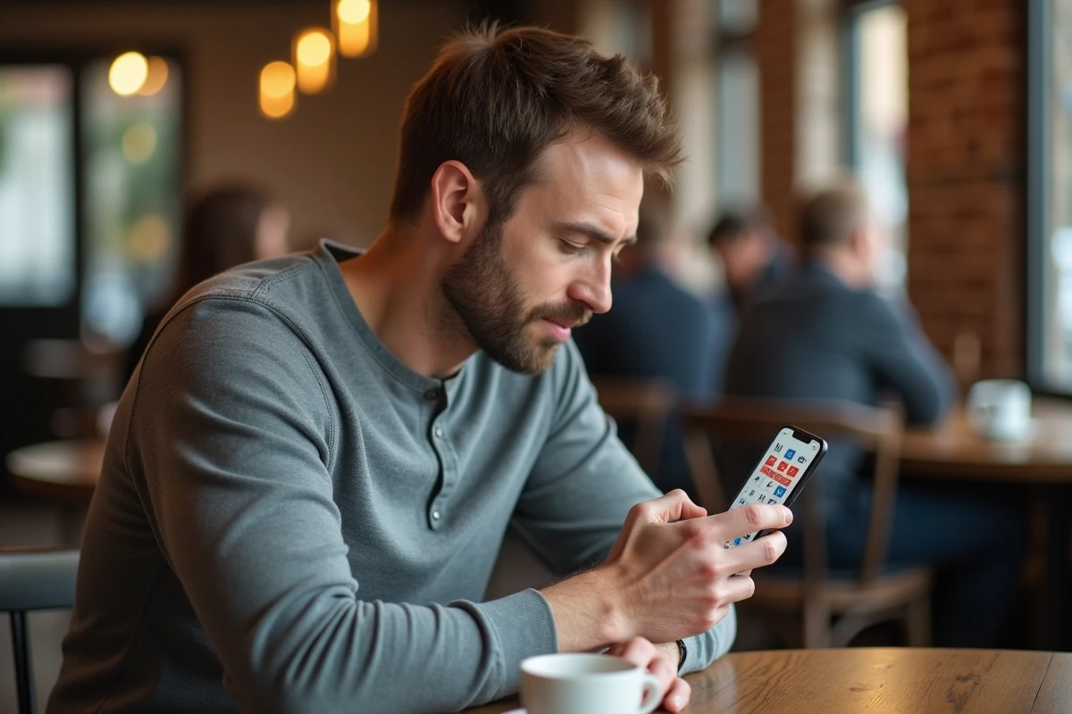 Homme consultant un jeu de devinettes de mots en français sur smartphone dans un café, Cémantix versus Cimentix