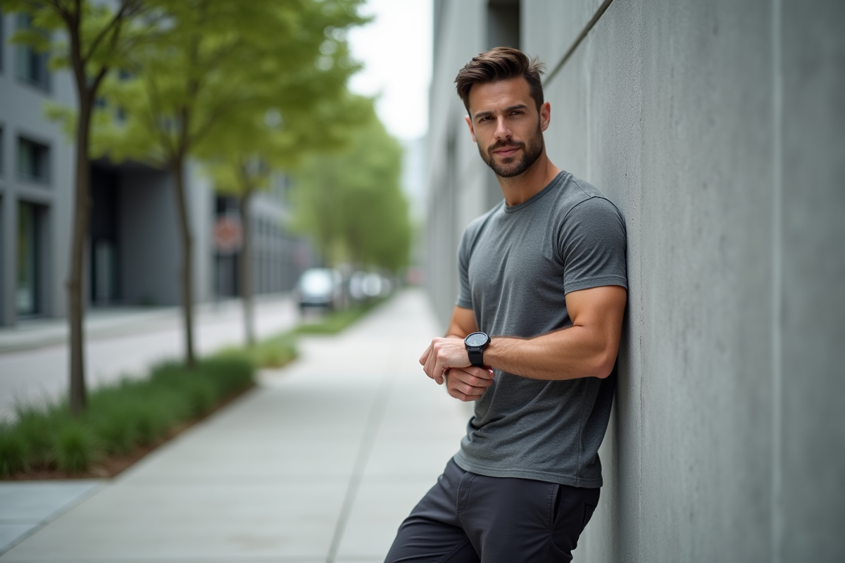Homme en t-shirt gris et pantalon urbain dans la rue