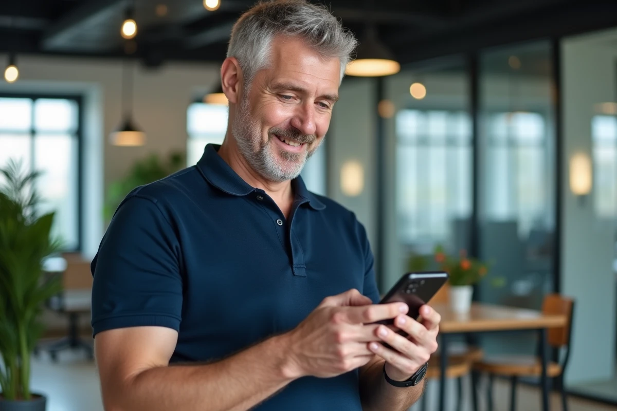 Homme utilisant l'application mobile Le Bon Coin pour accéder au support client depuis un bureau
