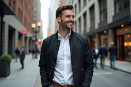 Homme urbain souriant en ville avec veste sombre