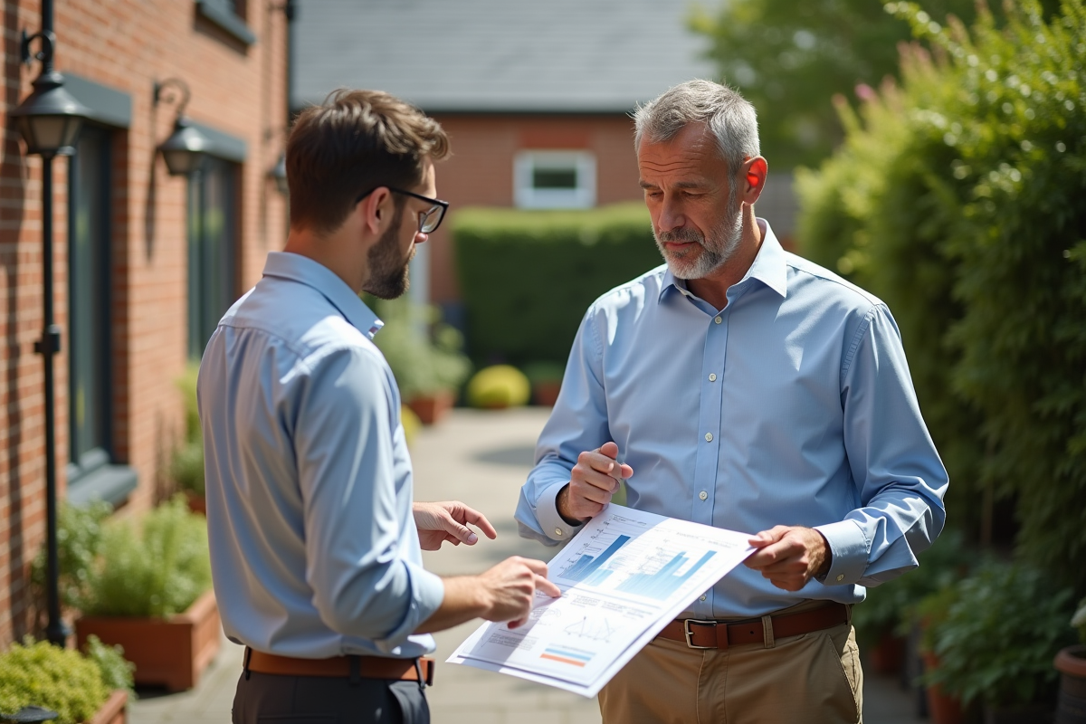 Homme examine rapport immobilier dans un jardin ensoleille