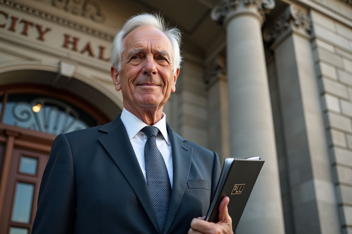 Homme devant un bâtiment officiel de la mairie