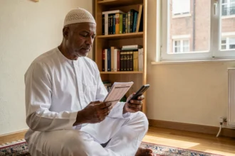 Homme musulman consultant les horaires de prière à Toulouse dans son appartement