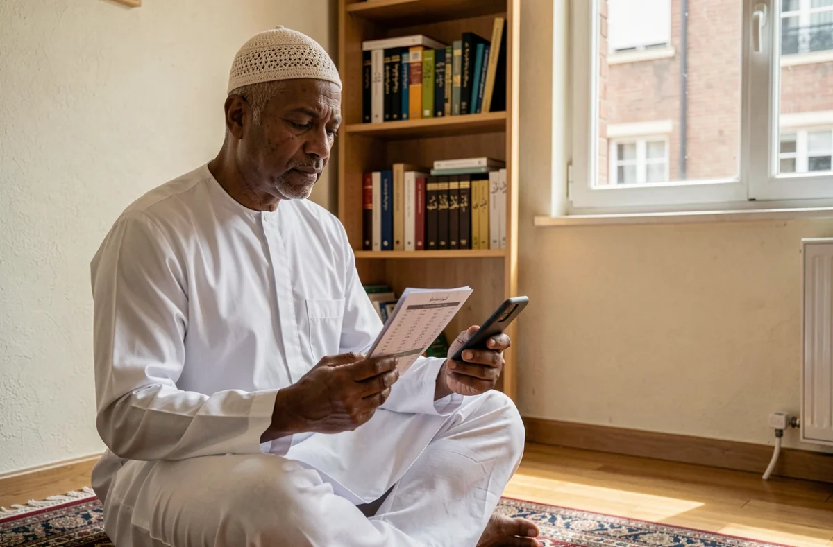 Homme musulman consultant les horaires de prière à Toulouse dans son appartement