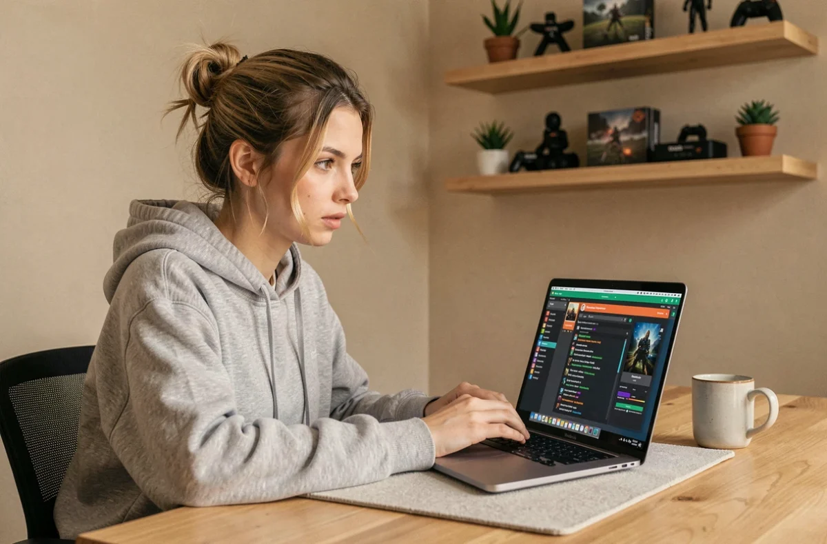 Jeune femme installant le mod Wicked sur Sims 4 via un MacBook Pro dans un bureau à domicile moderne