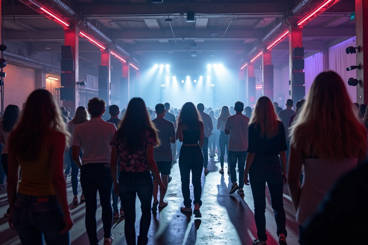 Intérieur d'une salle de club électro parisienne de type entrepôt avec une foule diverse en tenue casual sur la piste de danse