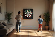 Intérieur moderne avec famille jouant aux fléchettes électroniques