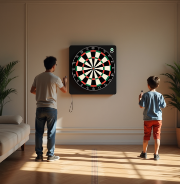 Intérieur moderne avec famille jouant aux fléchettes électroniques