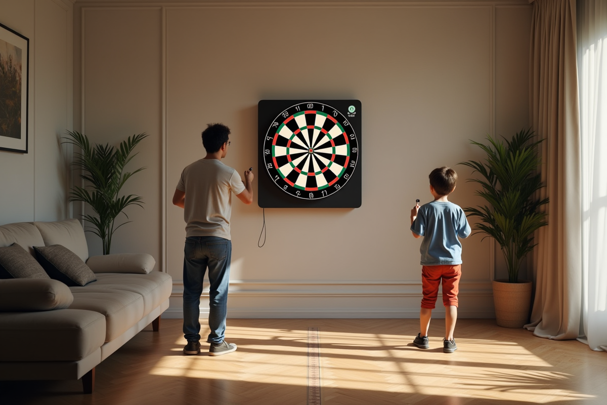 Intérieur moderne avec famille jouant aux fléchettes électroniques