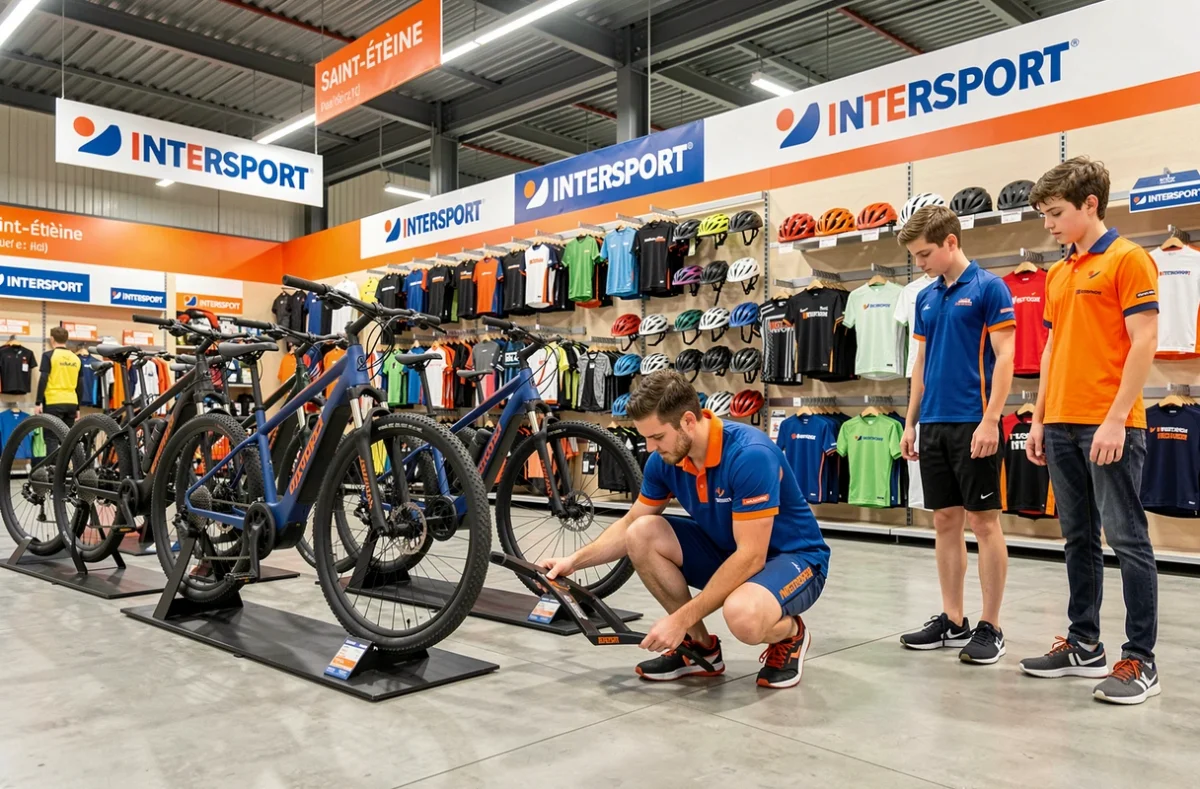 Espace vélos électriques chez Intersport à Saint-Étienne avec un employé conseillant un jeune client