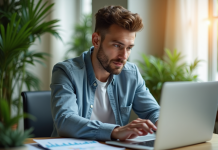 Jeune investisseur confiant analysant des graphiques financiers dans un bureau lumineux