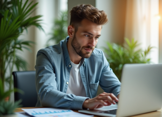 Jeune investisseur confiant analysant des graphiques financiers dans un bureau lumineux