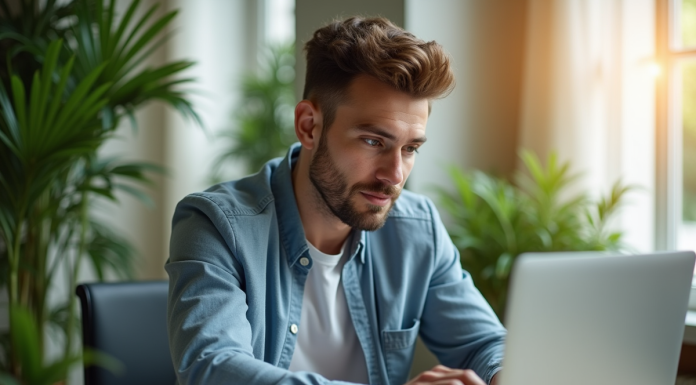 Jeune investisseur confiant analysant des graphiques financiers dans un bureau lumineux