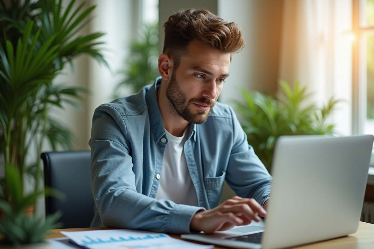 Jeune investisseur confiant analysant des graphiques financiers dans un bureau lumineux
