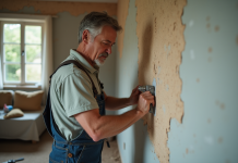 Homme en overalls appliquant de la mousse isolante sur un mur ancien
