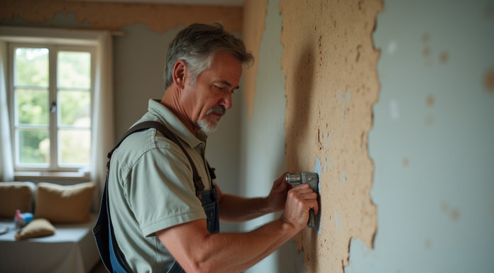 Homme en overalls appliquant de la mousse isolante sur un mur ancien