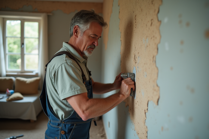 isolation-mur-interieur-ancien Homme en overalls appliquant de la mousse isolante sur un mur ancien
