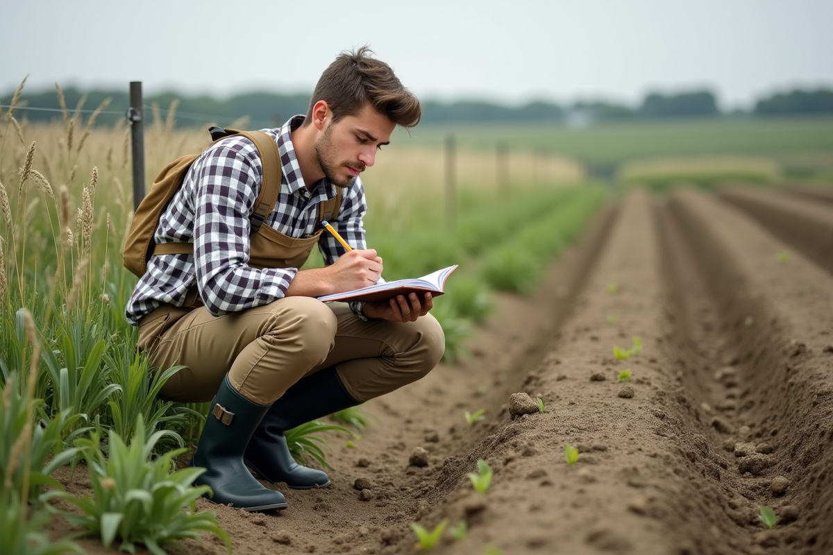 Jeune agronome observant un champ en rotation avec carnet