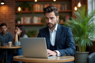 Jeune entrepreneur en costume dans un café moderne