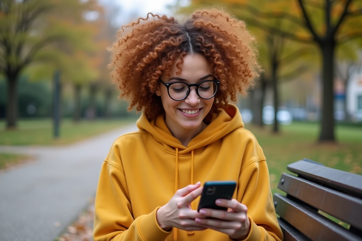 Jeune femme accédant au centre d'aide Le Bon Coin sur mobile dans un parc urbain