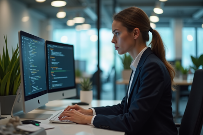 Jeune femme professionnelle concentrée devant ses écrans en open space