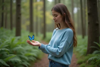 Jeune femme dans la forêt regarde un papillon bleu sur sa main