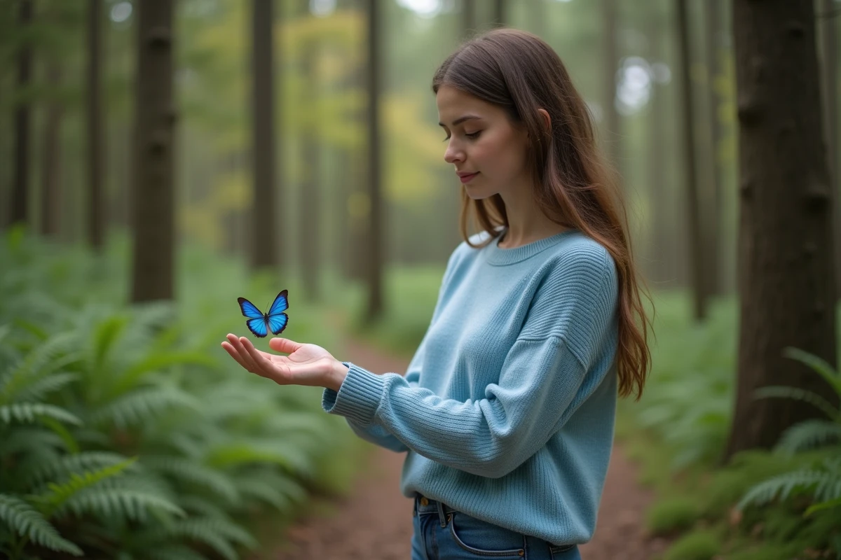 Jeune femme dans la forêt regarde un papillon bleu sur sa main