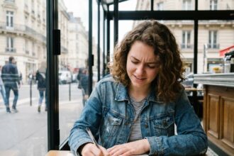 Jeune femme pensif assise dans un cafe parisien