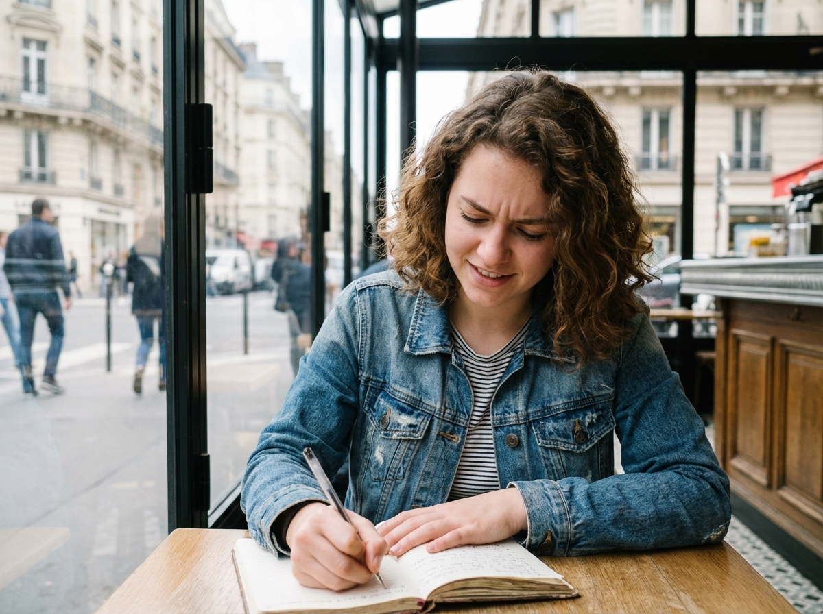 Jeune femme pensif assise dans un cafe parisien