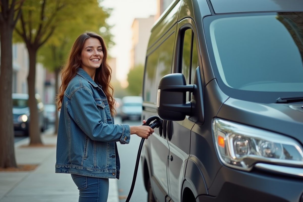 Jeune femme chargeant un van électrique dans la ville