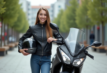 Jeune femme souriante avec moto 125cc en ville