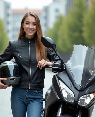 Jeune femme souriante avec moto 125cc en ville